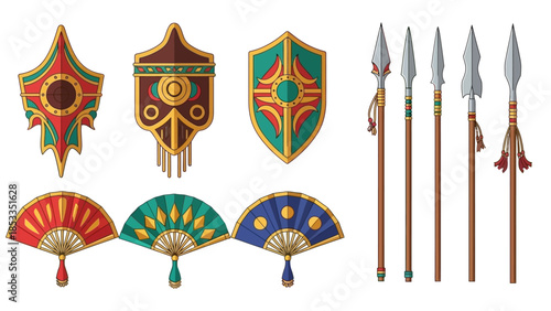 Vector illustration of shields, fans, and spears showcasing a cultural and historical theme