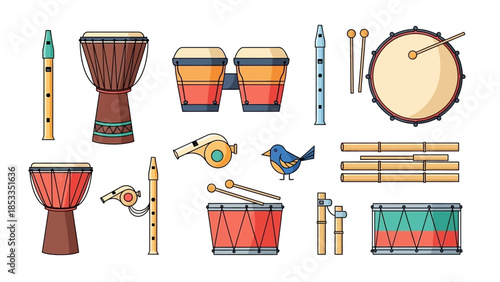Colorful Cartoon Musical Instruments Set Drums, Flutes, and Percussion in Vector Illustration