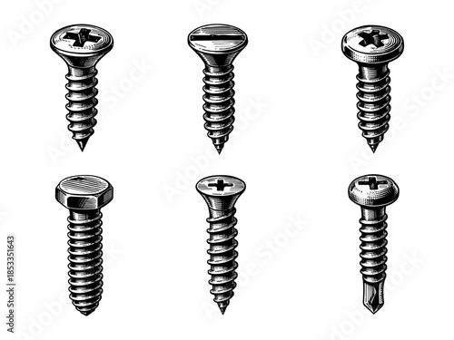 Screws and fasteners collection vintage engraving illustration set