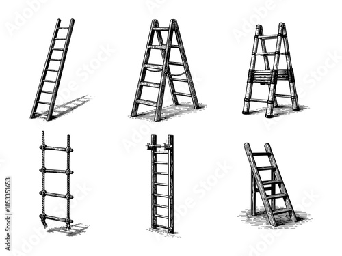 Wooden ladders collection vintage engraving illustration 