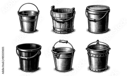 Metal buckets collection vintage engraving illustration isolated on white