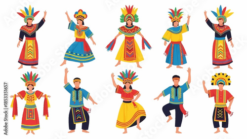 People in Traditional Attire Performing Traditional Dance in Various Poses and Colors