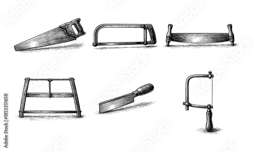 Hand saw tools collection vintage engraving illustration