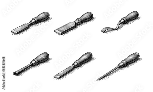 Woodworking chisels and carving tools vintage engraving illustration set