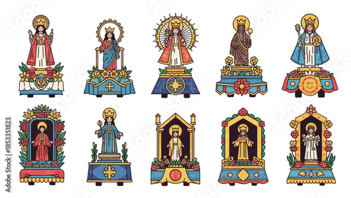 A Collection of Colorful Religious Statues Depicting Various Saints and Figures, Isolated