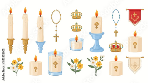 Religious Symbols Collection Candles, Rosaries, Crowns, and Floral Decorations for Spiritual Designs