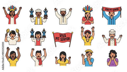 Festive Crowd Colorful Icons Celebrating and Cheering in Joyful Expressions of Viva Pit Señor