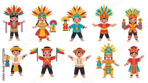 Colorful illustrations of Filipino children in traditional costumes for cultural celebrations