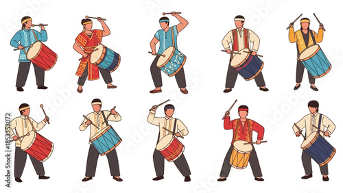 Diverse Drummer Ensemble A Colorful Vector Illustration of Musicians Playing Traditional Drums