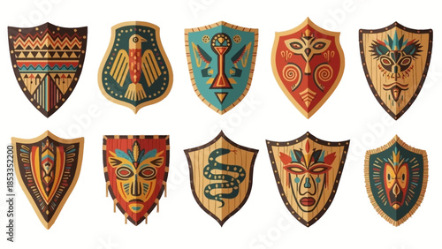 Collection of Tribal Shields Vector Illustration of Traditional Designs and Ornaments on Wood