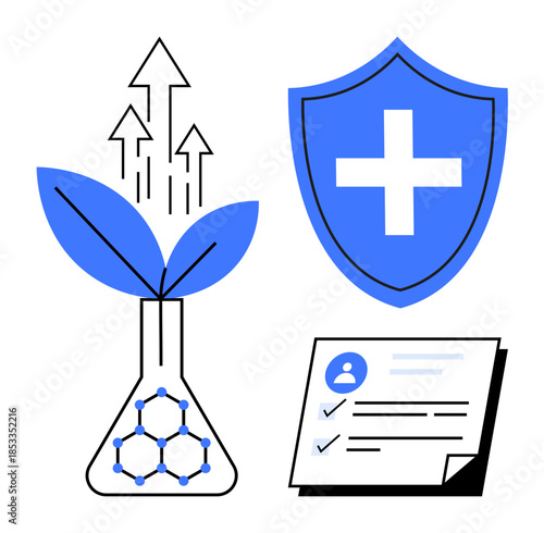 Sustainability, biotechnology, healthcare, personal identity, certifications, and innovation. A plant in a lab flask, a shield with a cross and a checklist document. Sustainability and biotechnology