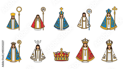 Illustration of various religious icons, including saints, depicting diverse cultural and spiritual representation