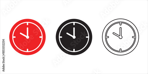 Timeless Precision: A set of three clock icons, each representing different design aesthetics. A minimalist design in red, solid black, and outlined black on a clean background.