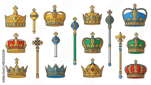 Assorted Regal Crowns and Scepters A Collection of Royal Headwear and Symbols of Authority
