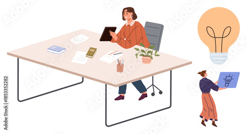 Professional woman using tablet at desk with office supplies, lightbulb symbolizing creativity, and colleague presenting idea. Ideal for innovation, teamwork, productivity, brainstorming, technology