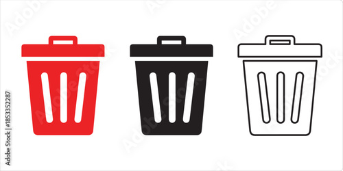 Garbage Can Icons: Captivating three garbage can icons, each with a unique design: one in vibrant red, another in sleek black, and the last in a refined outline style.