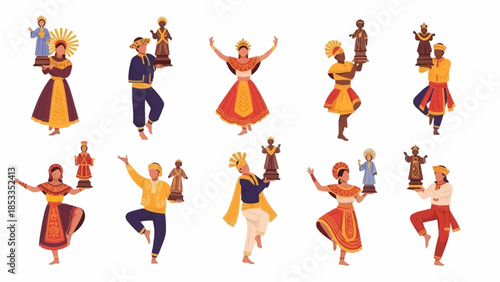 Diverse Cultural Dancers Holding Statues A Vibrant Vector Illustration