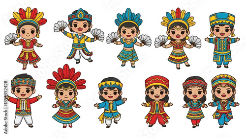 Cheerful Kids in Traditional Costumes A Colorful Illustration of Cultural Diversity and Celebration