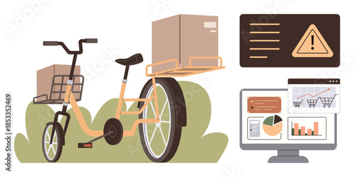 Cargo bike with parcels parked beside dashboards showing delivery data, graphs, and warning signs. Ideal for logistics, transportation, delivery, e-commerce, business planning, KPI tracking simple