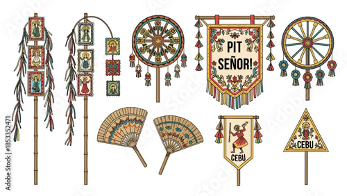 Traditional Cebuano Festival Decorations Colorful Banners and Ornate Fan Designs