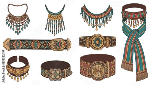 Collection of Ornate, Ornamental Necklaces and Belts, Displaying Intricate Designs and Ethnic Aesthetics