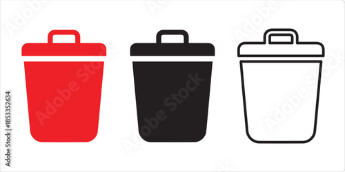 Recycle Bin Icons: A trio of recycle bin icons showcases three different design styles: solid red, solid black, and outlined. Perfect for illustrating waste management and disposal concepts.