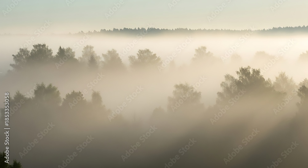 Fototapeta premium Misty Morning Forest Landscape with Sunlit Fog.