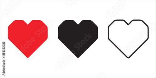 Heart Icons:  A set of heart icons in red, black and outline in front of a clean background. These versatile symbols are perfect for representing love, affection, and positive emotions.
