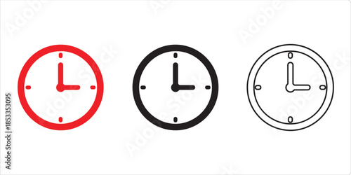 Time's Essence: Three stylized clock illustrations in red, black, and outline versions, symbolizing concepts of timing, punctuality, and the cyclical nature of hours.
