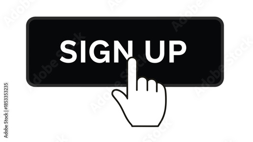 A hand cursor is pointing towards a black sign up button with white text