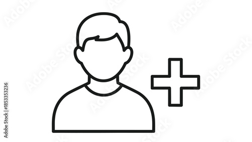 Simple line drawing depicts a person icon alongside a plus sign symbol