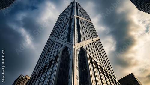 Looking up at modern skyscraper with glass facade and dramatic perspective