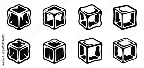 Ice cubes, Small pieces of frozen water, Ice Cube Silhouette, Cold frozen water, Ice cube different melting stages, geometric shapes vector illustration