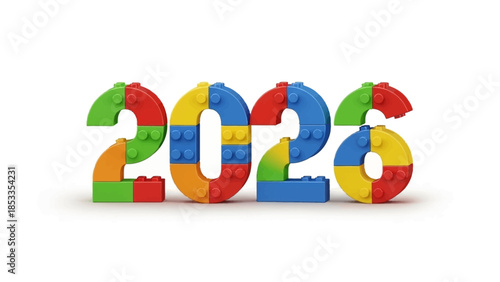 2026 Number Built with Colorful Plastic Toy Building Blocks for Kids on White
