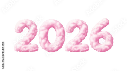 2026 Year Made of Pink Soft Fluffy Clouds Dreamy Concept on White Background