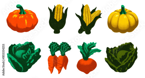 Playful Cartoon Style Autumn Harvest Vegetables Isolated on Transparent Background