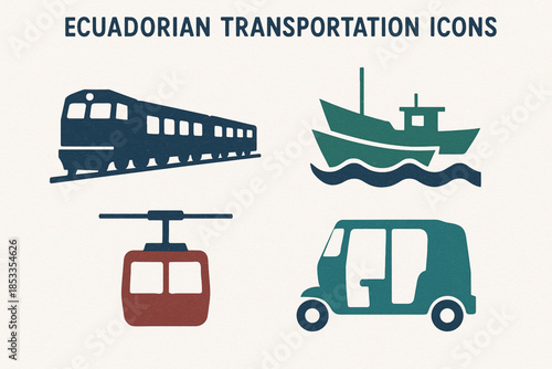 Ecuadorian Transportation Icon Set with Andean Train, Coastal Boats, Quito Cable Car and Moto-Taxi in Vector