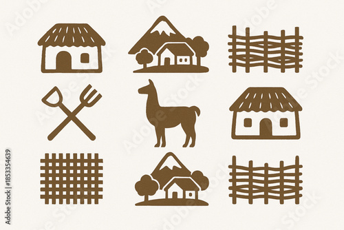 Ecuadorian Village Icon Set with Clay Houses, Mountain Farms, Woven Fences, Wood Tools and Llamas in Vector