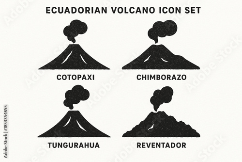 Ecuadorian Volcano Icon Set with Cotopaxi, Chimborazo, Tungurahua and Reventador in Vector