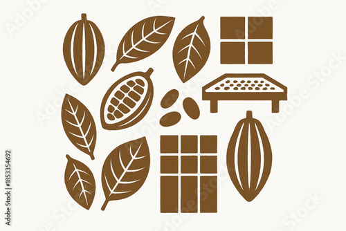 Ecuadorian Cacao and Chocolate Icon Set with Pods, Beans, Leaves, Chocolate Bars and Drying Trays in Vector