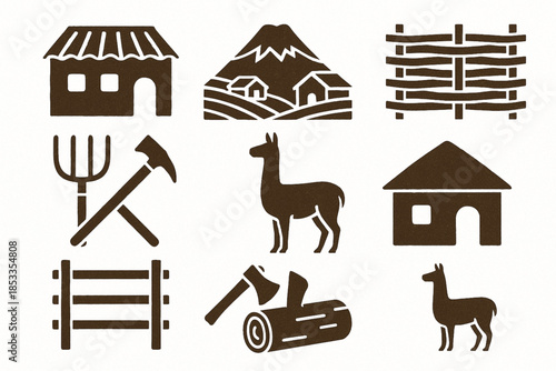 Ecuadorian Village Icon Set with Clay Houses, Mountain Farms, Woven Fences, Wood Tools and Llamas in Vector