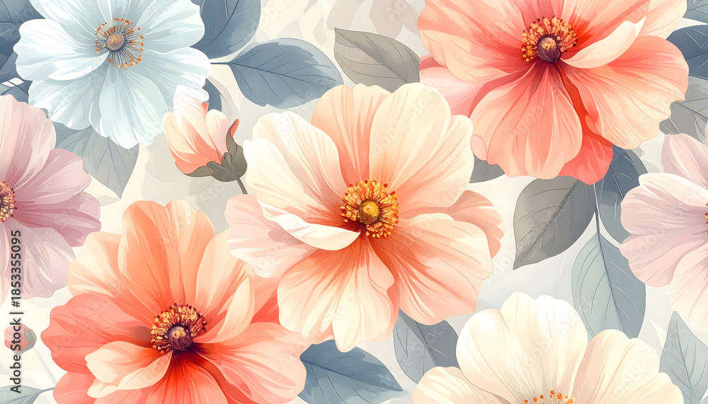 Fototapeta premium Background with illustrations of large flowers in pink color
