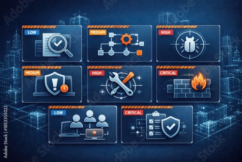 Digital security threat level assessment interface showcasing critical vulnerabilities and various severity ratings expressed in innovative graphic design and conceptual clarity
