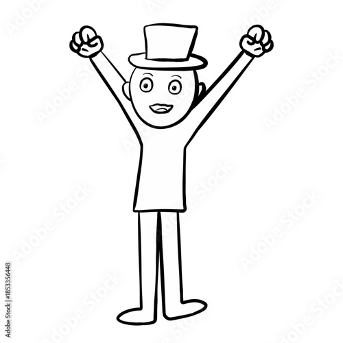 Line Cartoon Man wear Top hat and Arms raised