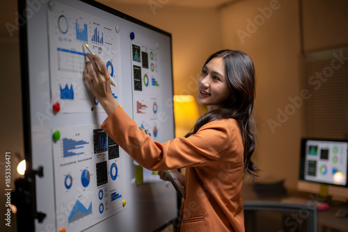 Businesswoman presenting data analysis charts on whiteboard