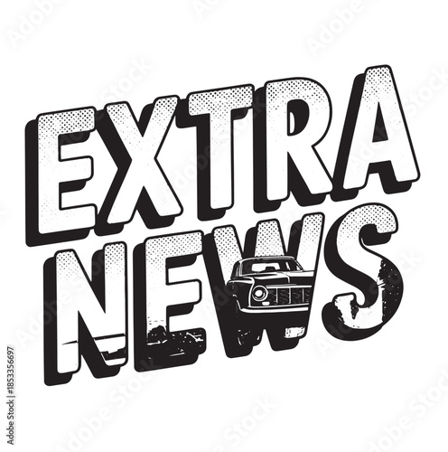 Black and white graphic design of 'EXTRA NEWS' typography with a television set incorporated into the lettering on a white background.