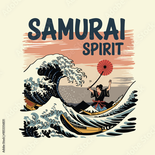 Graphic design of a samurai in a boat riding a wave with an umbrella and sword under a pink sky with the words 'SAMURAI SPIRIT' above, in a stylized typography.
