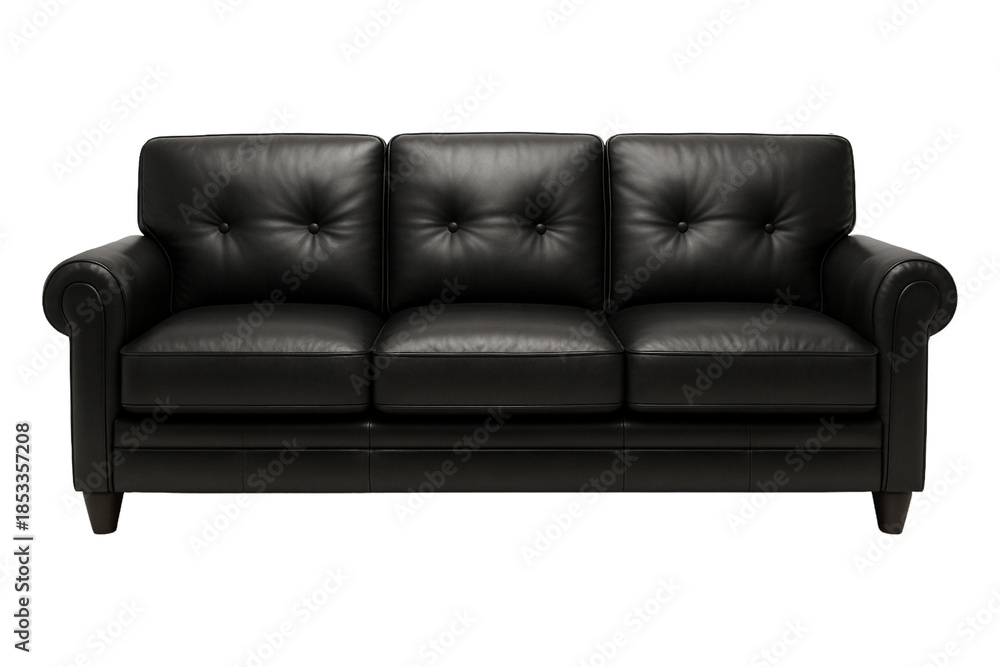 Fototapeta premium Chic black leather sofa on transparent background.