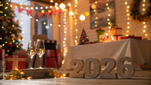 New Year party background 2026, bokeh lights, blurred festive atmosphere, warm lighting