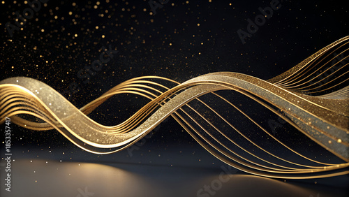 Abstract wave New Year background, metallic gold curves, black background, luxury branding